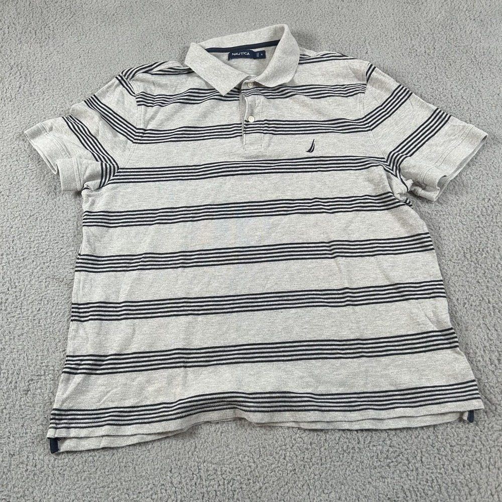 Nautica Polo Shirt Mens XL Gray Navy Striped Short Sleeve Sail Logo Collared